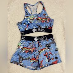 2 Piece Women’s Sports Bra And Short Set W/ Super Hero Design Matching Ethika Sets Couples, Casual Blue Gym Sets, Blue Sports Sets With Letter Print, Blue Letter Print Sports Set, Ethika Leggings Outfit, Matching Ethika, Super Hero Design, Ethika Set