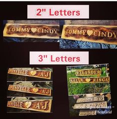 four different wooden signs with names on them