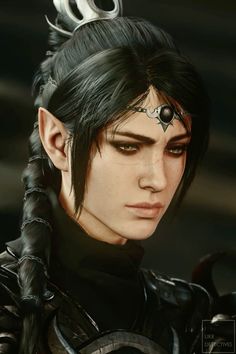 an image of a woman with black hair and piercings on her head, looking to the side