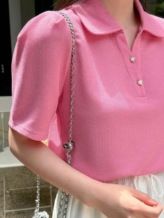 Women's Summer Solid Color Casual Fit Polo Collar Short Puff Sleeve Casual T-Shirt Hot Pink Casual  Short Sleeve Fabric Plain  Slight Stretch  Women Clothing, size features are:Bust: ,Length: ,Sleeve Length: Pink Blouse For Women, Barbiecore Shirt, Pink Polo Shirt Outfit Woman, Polo Shirt Outfit Women's, Pink Collared Shirt, Polo Shirt Outfits, Pink Polo Shirt, Short Puff Sleeve, Casual T Shirt