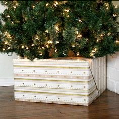 a small christmas tree in a box on the floor