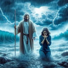 jesus and mary standing in the water with storm clouds behind them, holding their hands together