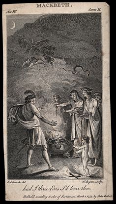 an old book with a drawing of two men and a woman cooking food on the fire