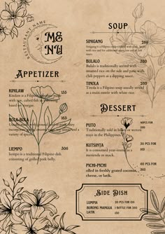 an old menu with flowers on it and other items for the restaurant or bar to eat