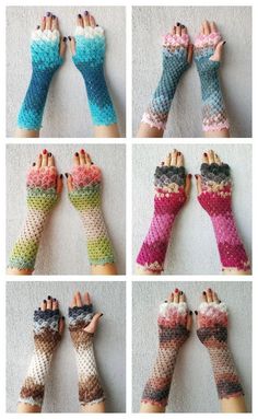 six pictures of different types of hand knitted mitts with hands and fingers on them