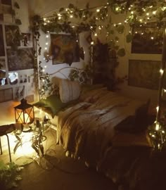 a bed room with a neatly made bed and lots of lights