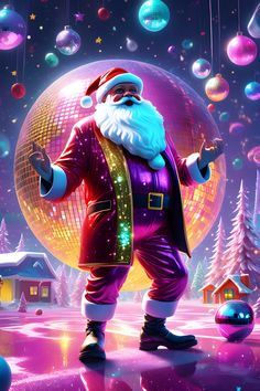 a santa clause standing in front of a disco ball