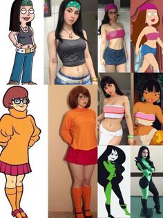 some cartoon characters with different outfits and body shapes in the same photo, one is wearing an orange shirt