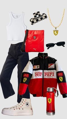 Cute Racing Outfits, Formula Jacket Outfit, Formula 1 Aesthetic Outfit, F1 Wife Outfits, F1 Race Weekend Outfits, Gran Prix Outfit, Formula One Outfit Ideas, Motorsport Aesthetic Outfit, Cars Inspired Outfits