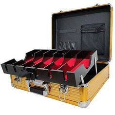 Large Master Barber Clipper - Trimmer Storage Travel Case VT10142-GD (GOLD)GOLD MASTER CASELarge Master CaseNew leather finished interiorRed fabric Lining in elevated tilting tray19  x 6  x 15, 10 lbsFlip latches with locks and keysRemovable compartment with hook latch: 6 tall pockets, 12 short pockets, foam padded lid for securityMain compartment: 4 leather holders, elastic security band, 1 zippered mesh pocket, elevating clippercase with round notches for cord organization Size: 19.25" x 15" x Locks And Keys, Barber Accessories, Barber Clippers, Cosmetic Train Case, Master Barber, Beard Wax, Capes For Kids, Barber Supplies, Barber Tools