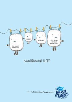 three sheep hanging on to clothes line with the words hang drama out to dry