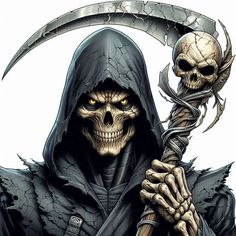 a skeleton holding a sculler with two skulls on it's head and wearing a hooded jacket