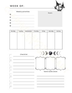 a printable weekly planner with the moon phases in black and white, on a white background