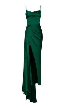 a green dress with an asymmetrical twist on the side and one slit at the bottom