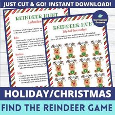 Looking for a fun Christmas or holiday game for teachers, staff, or students? The "Find the Reindeer" game can be used for all ages and can be adapted for individual or group uses!This product includes:Instructions5 Different Sleighs5 Different Colors of Reindeers #1-12Non-Numbered ReindeerScore Car... Staff Christmas Games, Meeting Games, Teacher Morale, Spirit Days, Staff Appreciation Gifts, Christmas Scavenger Hunt, Reindeer Games, Holiday Games, Middle Schoolers