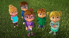 five cartoon children standing in the grass with an electronic device and reading glasses on their faces