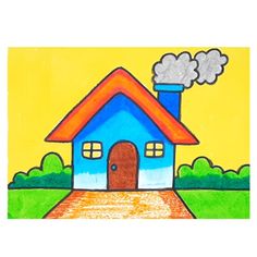 House Painting Drawing, Tiny Prints Art Academy, Kids Oil Pastel Drawing, Simple Scenery Drawing For Kids, Home Drawing For Kids, Easy Creative Drawings Pencil, Basic Drawing For Kids, Drawing Pictures For Kids