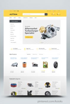 the website for auto parts is displayed in yellow and white colors, with an image of a