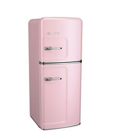 a pink refrigerator freezer sitting on top of a white wall