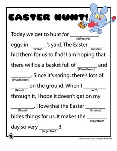 an easter bunny poem for kids to use in their writing and spelling skills, with the words