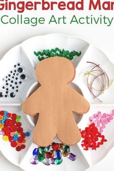 gingerbread man collage art activity for kids to make with buttons and paper plates