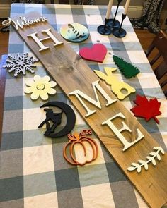 the table is decorated with wooden letters and decorations