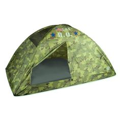 a green camouflage tent with the door open