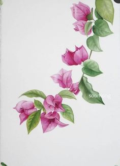 a painting of pink flowers with green leaves