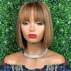 Top Wig, Ombre Highlights, Hair With Bangs, Short Hair Wigs, Wig With Bangs, Short Bob Wigs, Bob Wig, Straight Human Hair