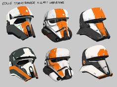 the helmet design for star wars is shown in orange and white colors, with different angles to