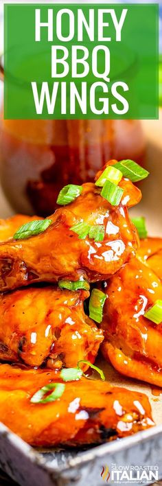 honey bbq wings with green onions and ketchup in the background text reads honey bbq wings