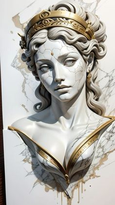 a white and gold busture with a golden crown on it's head, in front of a marble background