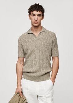 Marbled cotton knit polo shirt -  Men | Mango Man USA Collared Knit Tops For Business Casual, Knit Collared Tops For Business Casual, Fall Cotton Polo Shirt With Seamless Collar, Cotton Johnny Collar Polo Sweater For Fall, Fall Cotton Polo Sweater With Johnny Collar, Textured Knit Polo Shirt With Polo Collar For Fall, Ribbed Polo Collar Top For Work, Fall Textured Knit Polo Shirt With Polo Collar, Casual Cotton Knit Top With Ribbed Collar