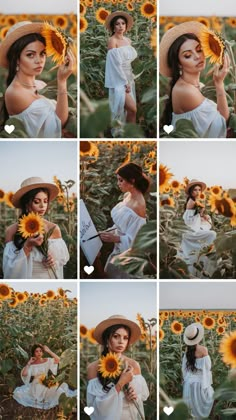 a woman in a sunflower field poses for pictures