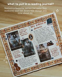 an open book with pictures and text on the front cover that says, what to put in a reading journal? feature a favorite series for auto - buy authors and list down the things you love about