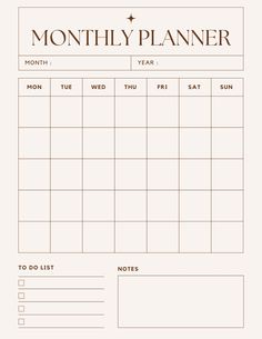 a printable planner with the words, month to do list