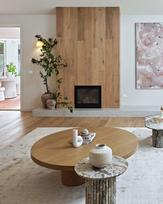 a modern living room with wood paneling and white rugs on the hardwood floor