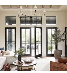 a living room filled with furniture and lots of windows