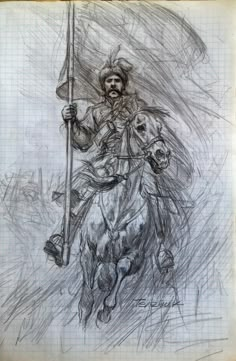 a drawing of a man riding on the back of a horse with a flag in his hand