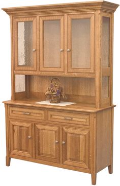 a wooden hutch with glass doors and drawers on it's sides, in front of a white background