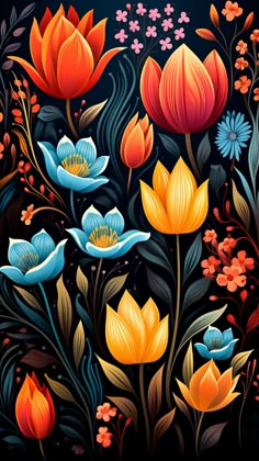 an artistic painting of flowers and leaves on a black background with red, orange, blue, yellow and white colors