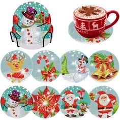 christmas coasters with santa claus, snowman, reindeer and other holiday themed items