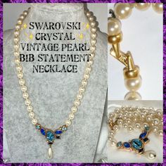 Vintage 1980's Genuine Swarovski Crystal Pearl Necklace Swan Hallmark Crystals Are Still Gleaming Gold Still True Gold 8mm Faux Pearls Have A Yellow Lustre That Makes Them Look Genuine Gold Clasp Closure Perfectly Functional Very Little Wear - Well Loved Pre-Owned Guc Great Used Condition White, Blue & Sky Blue Crystals In Princess, Round, Marquise & Pear Cuts All In A Bezel Setting 18" Length Cocktail Costume Party Wedding Bridal Jewelry Fashion Retro Formal Luxury Luxurious Fine Calvicle Cocktail Costume, Wedding Bridal Jewellery, Swarovski Jewelry, Vintage Pearls, Crystal Pearls, Blue Crystals, Bezel Setting, Costume Party, Party Wedding