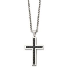 Celebrate and honor all special occasions with jewelry of religious significance! Our collection of spiritually inspired designs that show faith, hope and devotion are perfect for commemorating life's milestones. This men's stainless steel necklace features a polished and black genuine leather inlay cross pendant that is approximately 30mm (1 3/16 inch) in width by 54mm (2 1/8 inch) in length, which includes the bail. It hangs on a 2.5mm width by 20-inch-long polished rolo chain that closes with Leather Inlay, Mens Items, Bow Jewelry, White Necklace, Jewelry Companies, Black Bow, Stainless Steel Necklace, Leather Chain, Leather Necklace