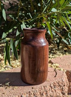 a brown vase sitting on top of a dirt ground next to a bush with green leaves