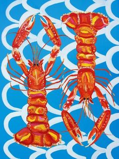 two lobsters on a blue and white background