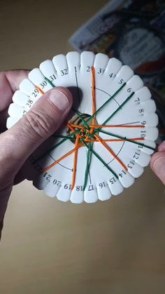 a hand holding a small white clock with orange and green strings on it's side