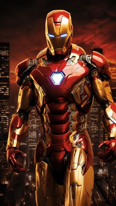 iron man standing in front of a cityscape with his hands on his hips