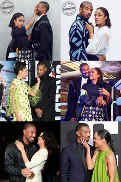 several different pictures of people posing together at an event and one is kissing the other