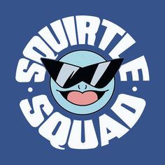 the squirtie squad logo on a blue background with white letters and black shades